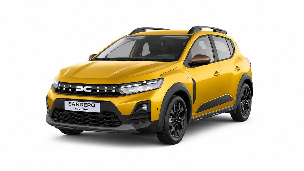 Beyaz zemin üzerinde sarı Dacia Sandero Stepway otomobil görseli.