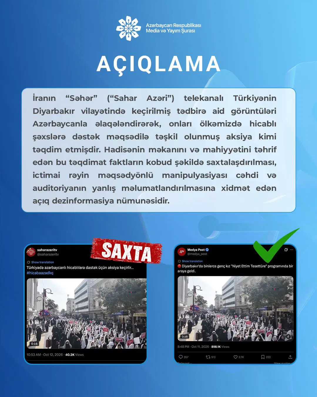 Azerbaycan Medya ve Yayın Konseyi’nin açıklamasını ve tartışmalı sosyal medya paylaşımlarını gösteren bilgilendirme görseli.