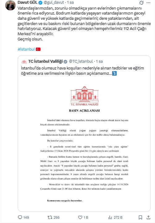 Vali Davut Gül’ün olumsuz hava koşulları nedeniyle yaptığı uyarıyı gösteren sosyal medya paylaşımı.