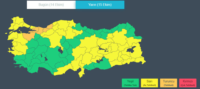Türkiye haritasında sarı ve turuncu meteorolojik uyarı verilen iller gösteriliyor.