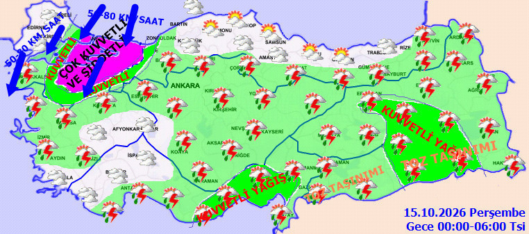 Türkiye haritasında gece saatleri için kuvvetli yağış, rüzgar ve toz taşınımı alanları yer alıyor.