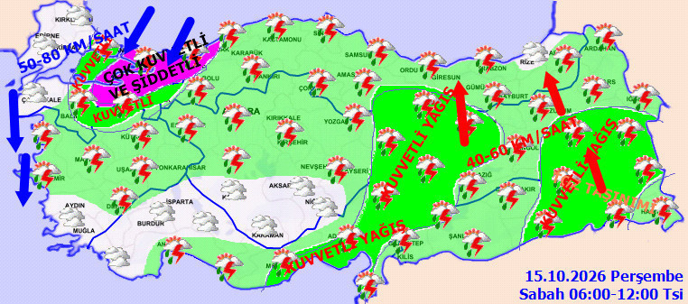 Sabah saatlerinde beklenen kuvvetli yağış ve rüzgar alanlarını gösteren Türkiye haritası.