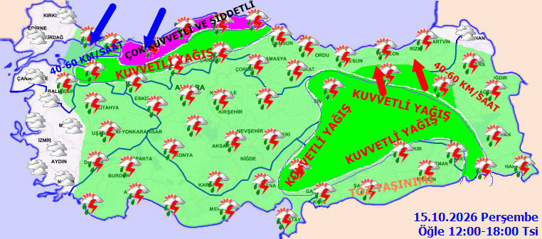 Öğle saatlerinde kuvvetli ve şiddetli yağış beklenen bölgeleri gösteren meteorolojik harita.