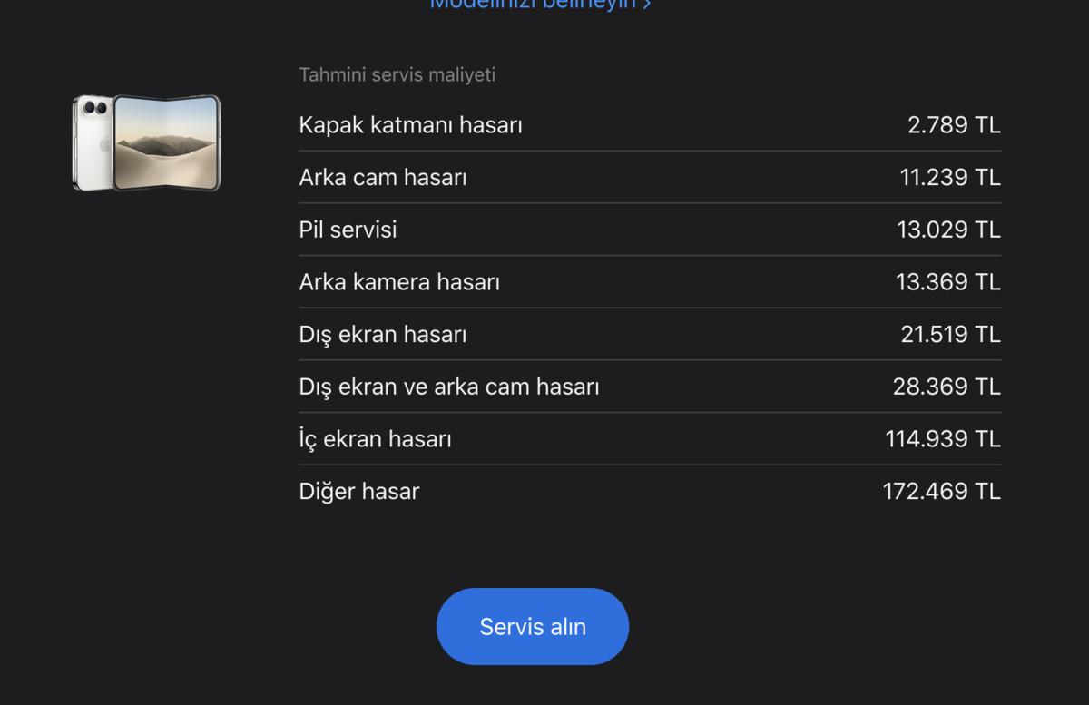 iPhone Duo tamir ücretlerinin yer aldığı servis maliyetleri ekran görüntüsü.