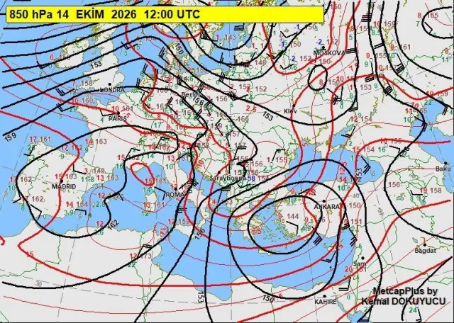 Türkiye ve çevresini gösteren meteoroloji haritasında basınç ve rüzgâr alanları yer alıyor.