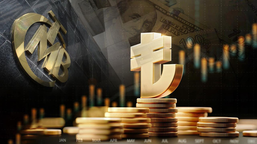 An economy-themed image prepared with the Turkish Lira symbol, piles of money, and financial charts.