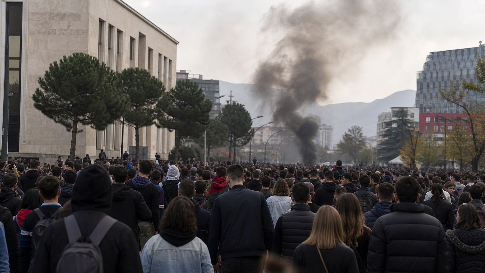 Kalabalık bir protesto alanında duman ve ateşin görüldüğü temsili görüntü.