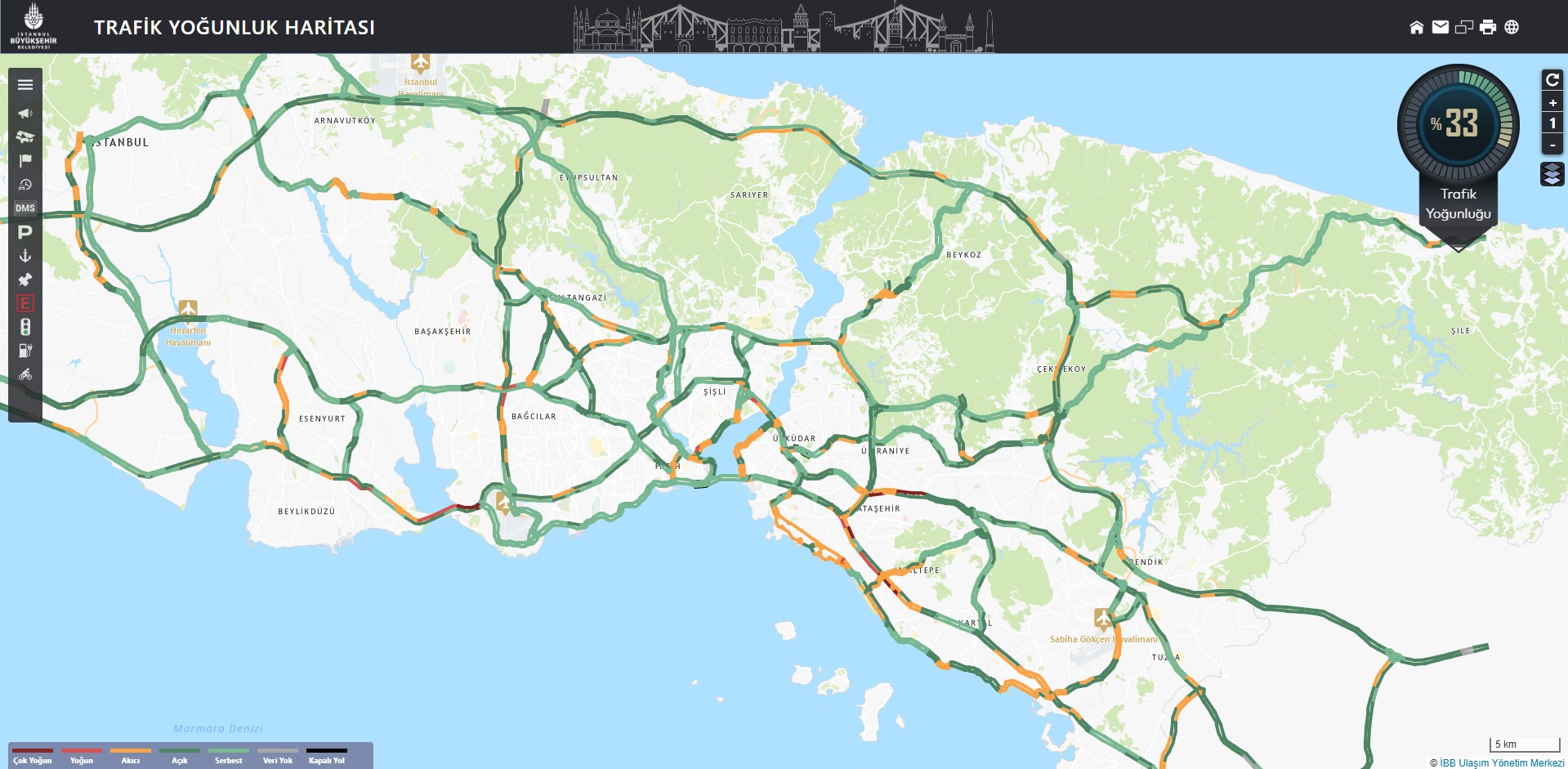 İstanbul Büyükşehir Belediyesi trafik yoğunluk haritasında kent genelinde yüzde 33 trafik yoğunluğu görülüyor.