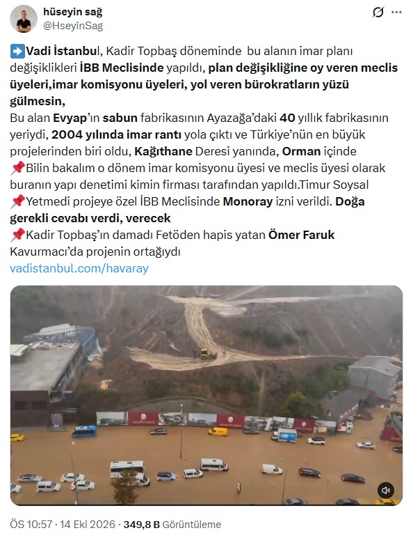 Hüseyin Sağ’ın Vadistanbul’un imar süreciyle ilgili sosyal medya paylaşımının ekran görüntüsü.