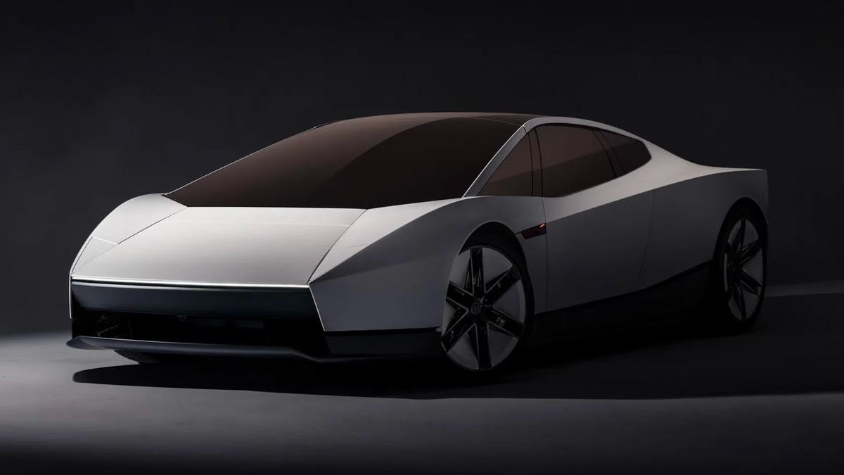 Vista di tre quarti anteriore della nuova Tesla Roadster in bianco opaco in un ambiente di studio buio.