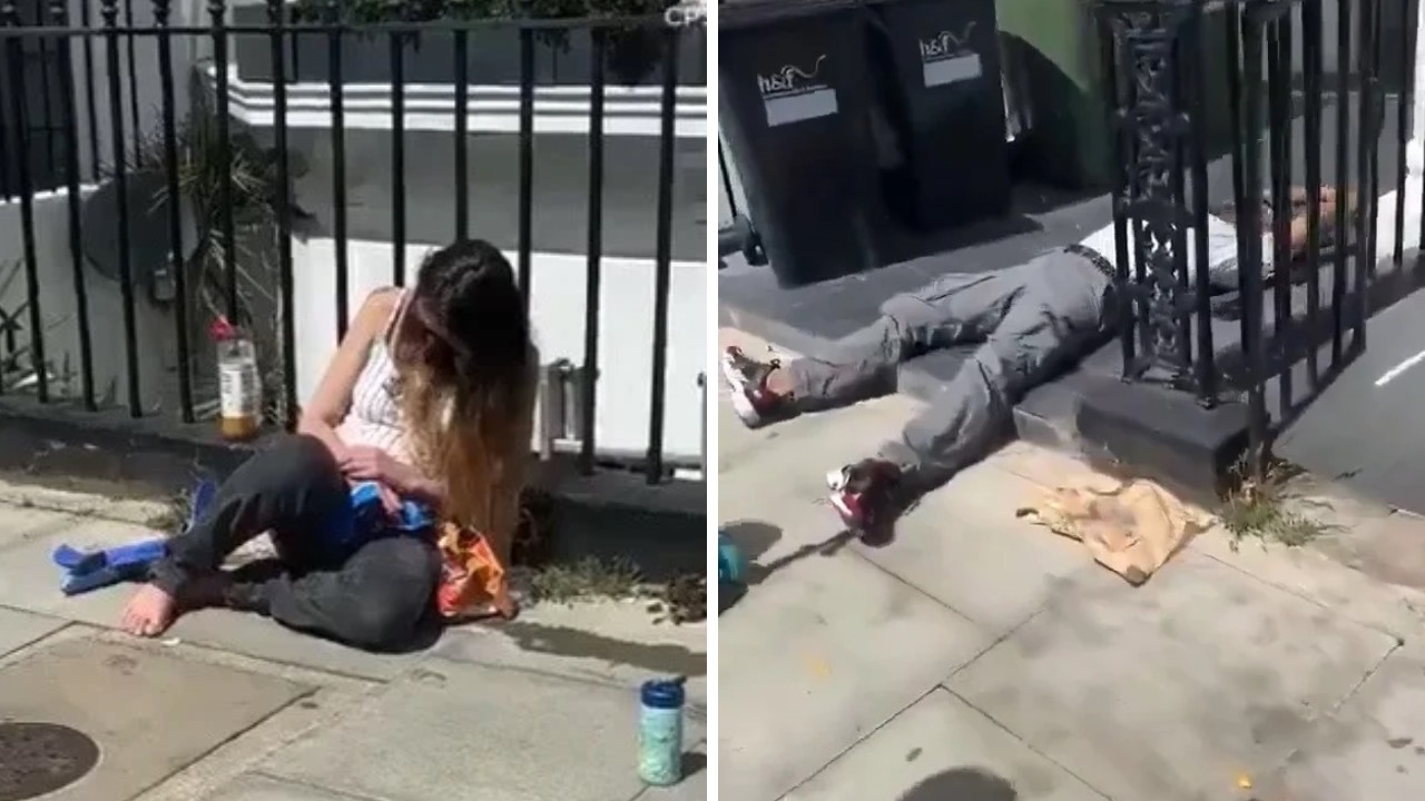 Londra’da kaldırım kenarında baygın halde görülen bir kadın ve yakındaki bir kişiyle ilgili görüntü kolajı.