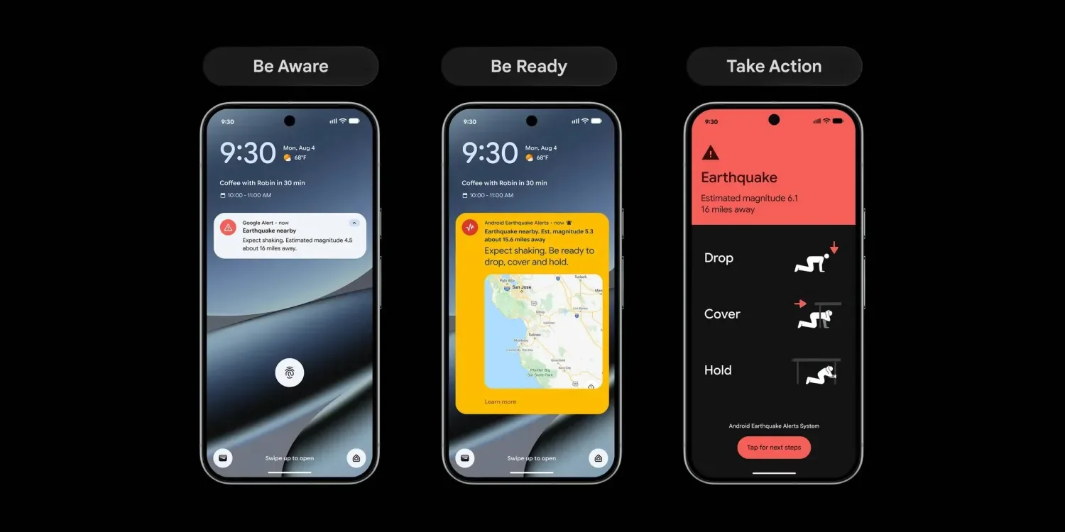 Android deprem uyarı sisteminde Be Aware, Be Ready ve Take Action bildirim seviyelerini gösteren telefon ekranları.
