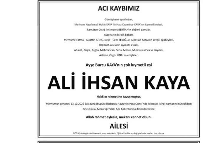 Ali İhsan Kaya adına yayımlanan vefat ilanı.