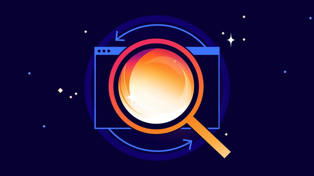 Illustrazione che simboleggia la ricerca web con una lente d'ingrandimento e una finestra del browser.