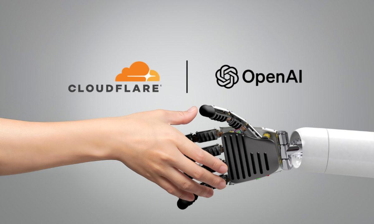 Immagine che mostra una stretta di mano tra una mano umana e una mano robotica, con i loghi di Cloudflare e OpenAI.