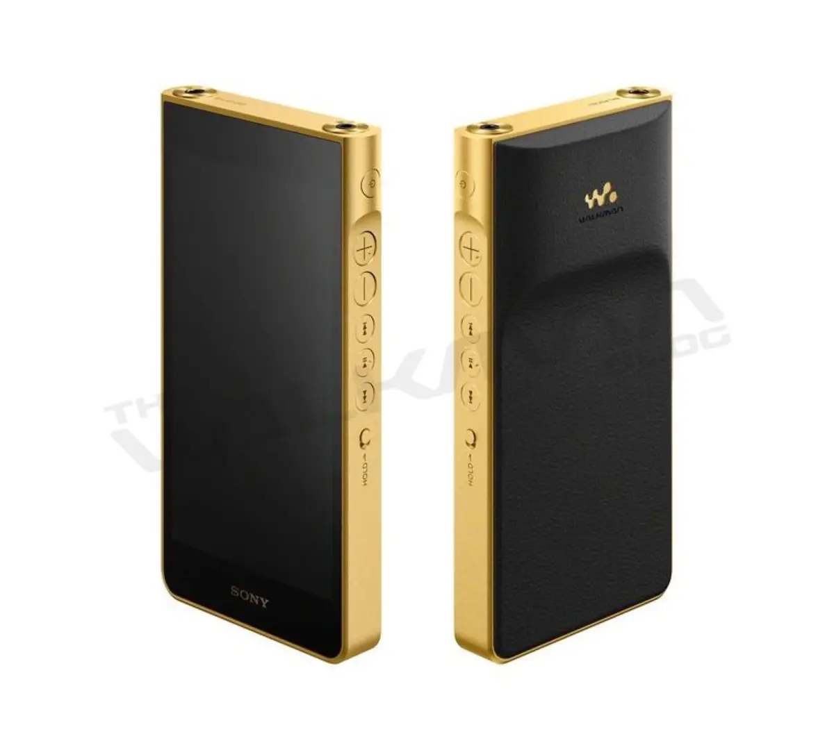 Two Sony Walkman devices with gold-colored frames and black front and back surfaces.