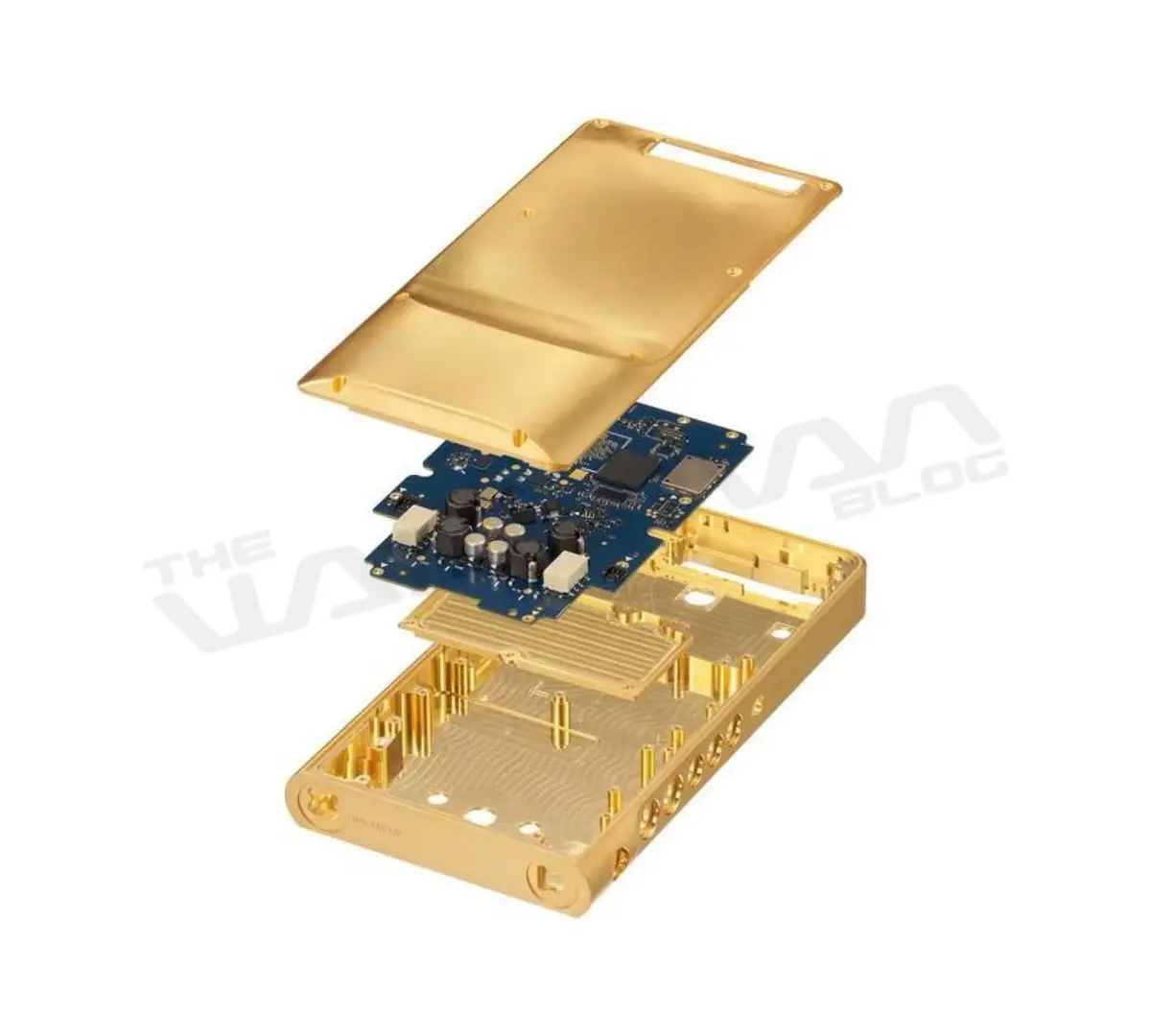 An exploded product view showing the circuit board inside the gold-colored Walkman chassis.