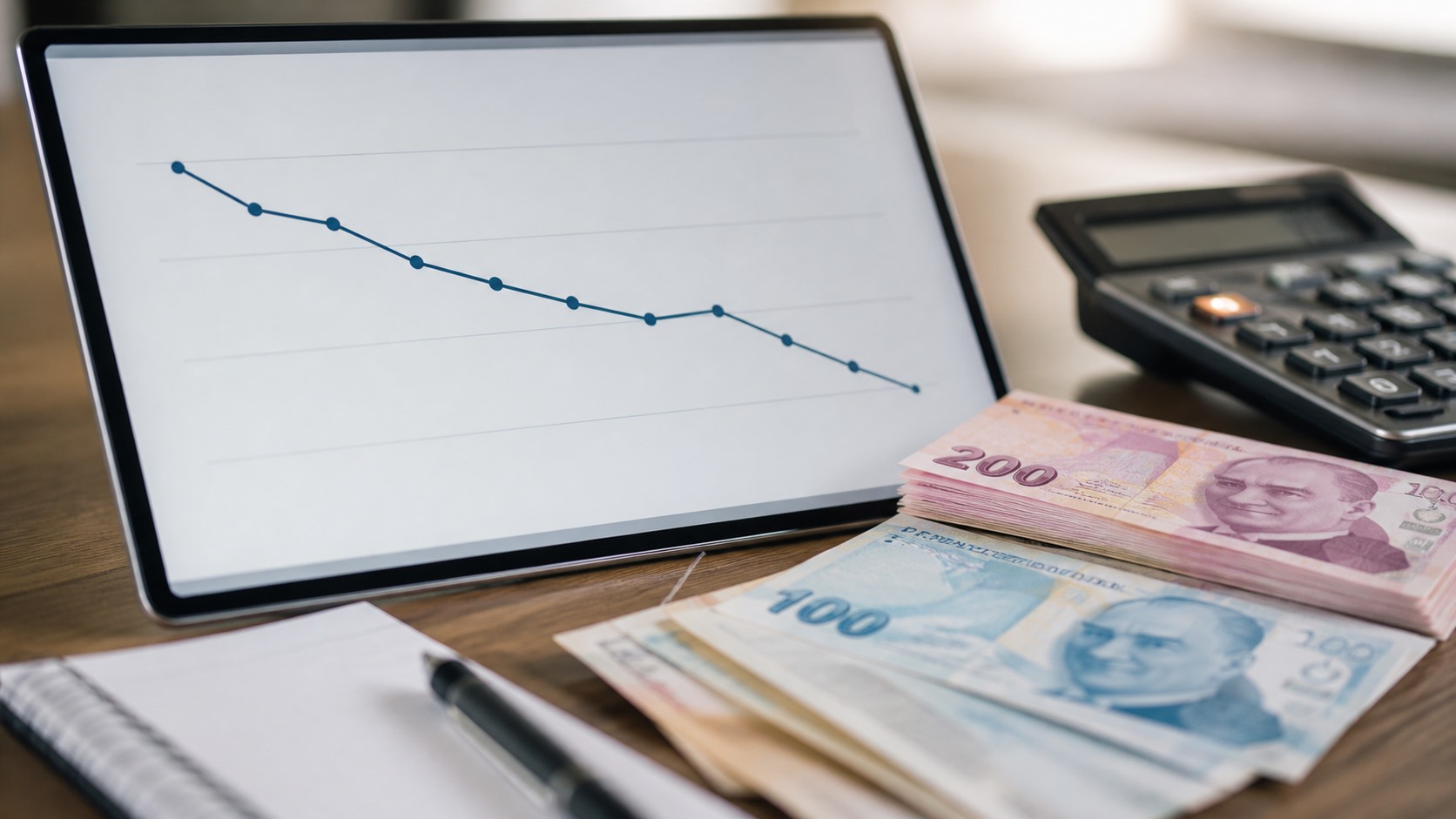 Türk lirası banknotları, hesap makinesi ve düşüş eğilimini simgeleyen grafik bulunan finans temalı görsel.