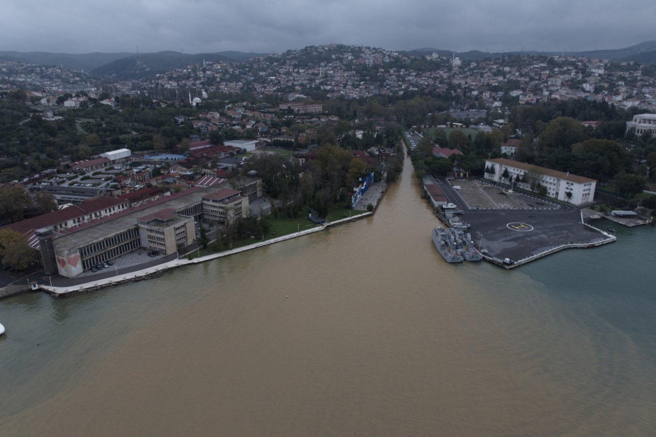 Veduta aerea dell'acqua fangosa che raggiunge la costa in una giornata nuvolosa.