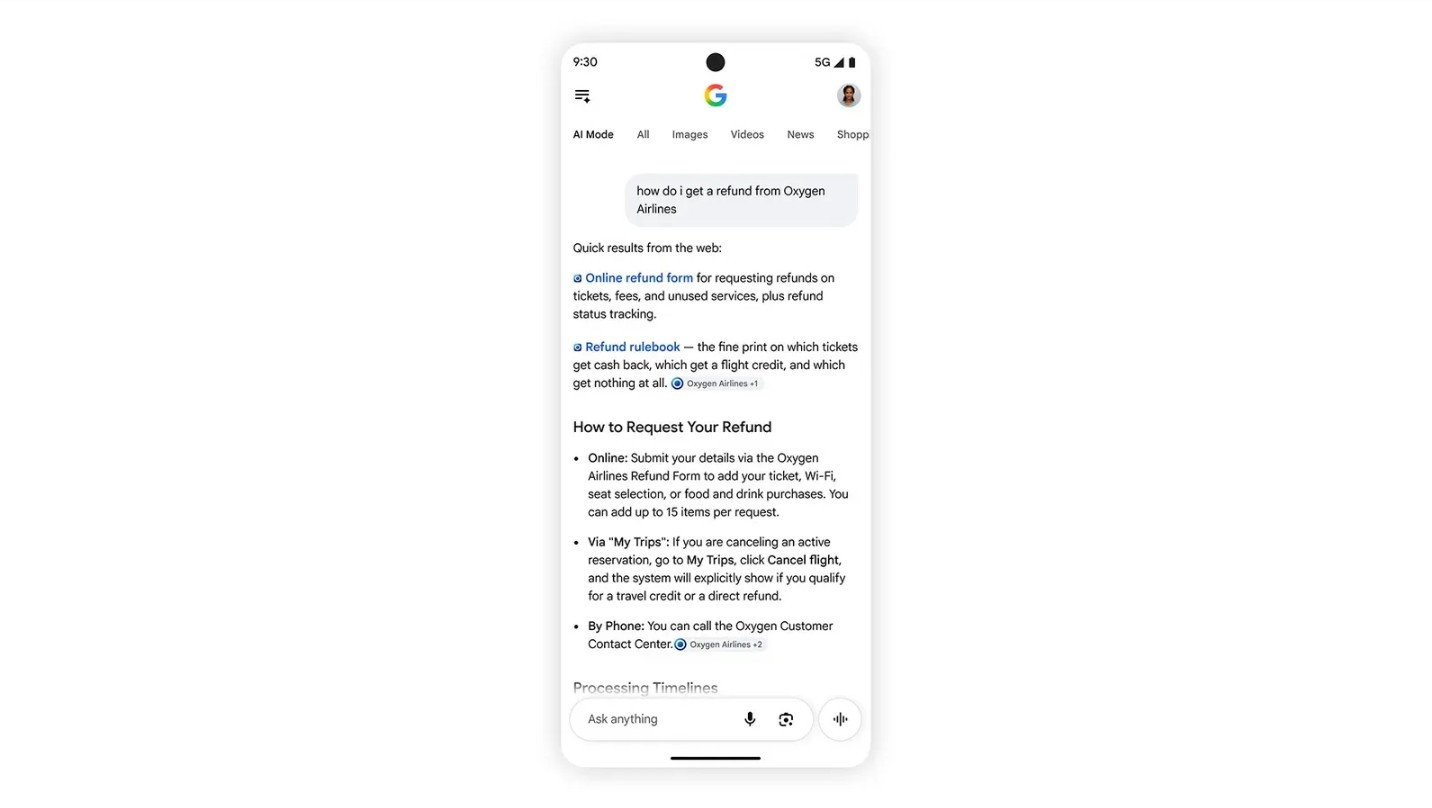 Google AI Mode arayüzünde kaynak bağlantılarını ve yanıt metnini gösteren telefon ekranı.
