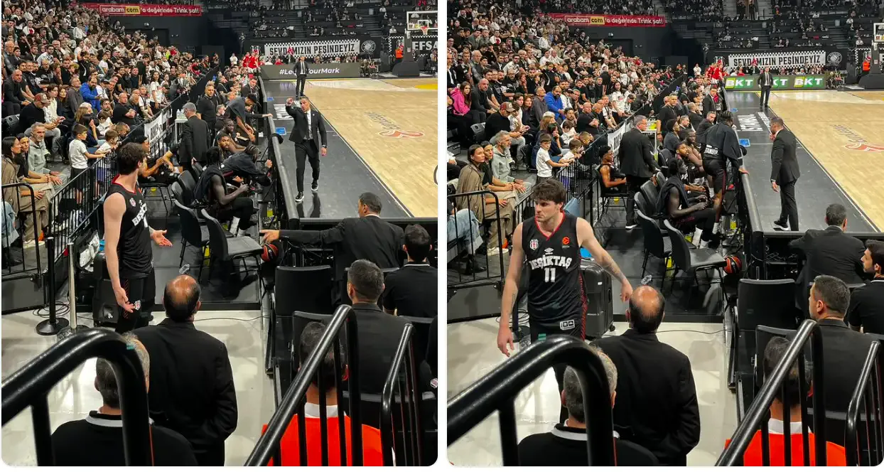 In-game footage showing Metecan Birsen and the technical staff in front of the Beşiktaş bench.