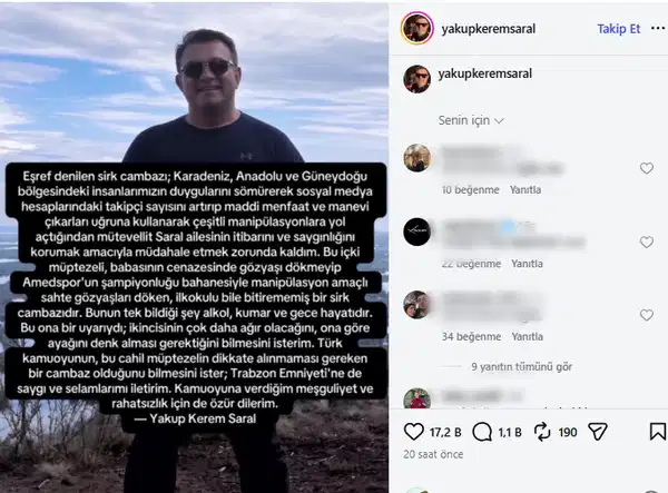 Yakup Kerem Saral’ın Instagram paylaşımına ait ekran görüntüsü.