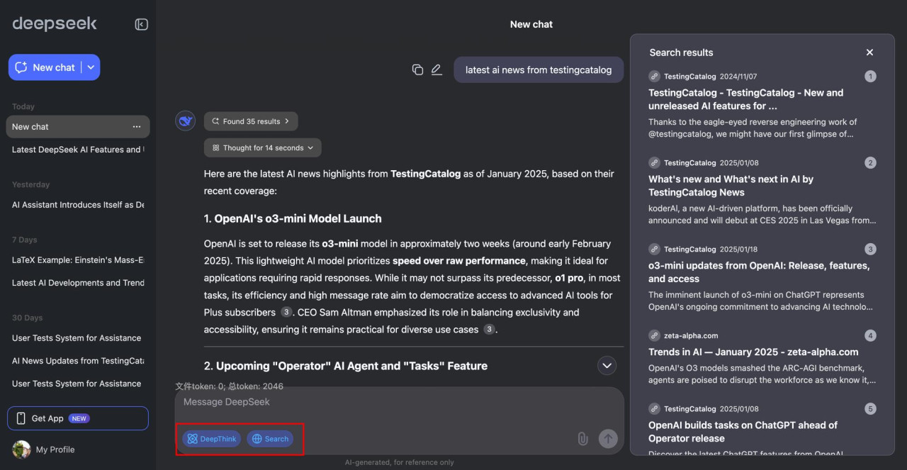 DeepSeek arayüzünde arama sonuçları ve sohbet ekranını gösteren görsel.