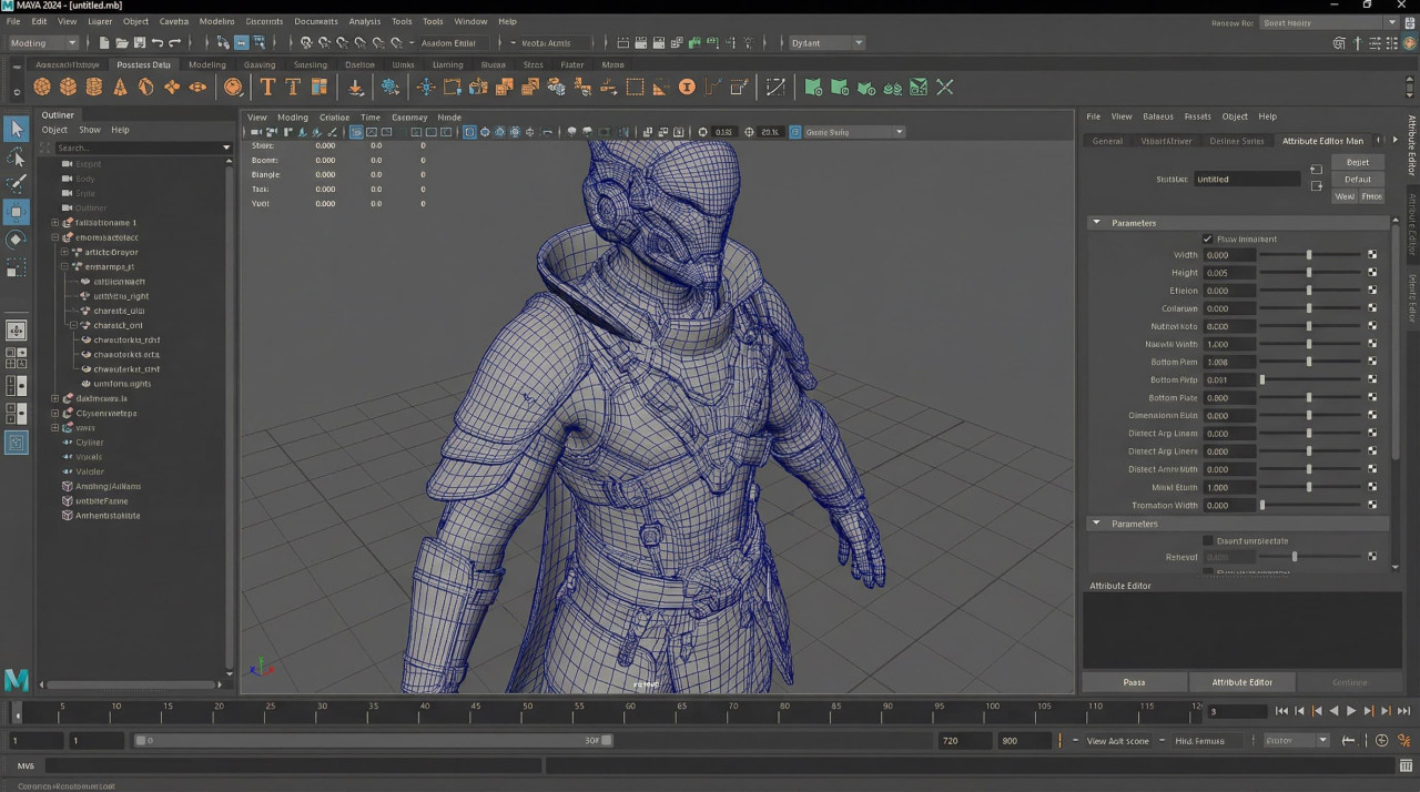 Bir 3D modelleme yazılımında tel kafes karakter modelini gösteren ekran görüntüsü.