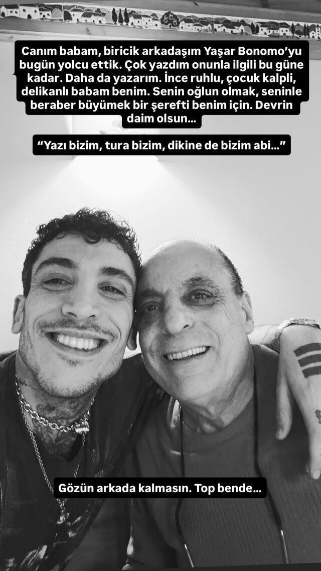 Can Bonomo ile babası Yaşar Bonomo’nun siyah beyaz fotoğrafı ve üzerinde veda mesajı yer alıyor.
