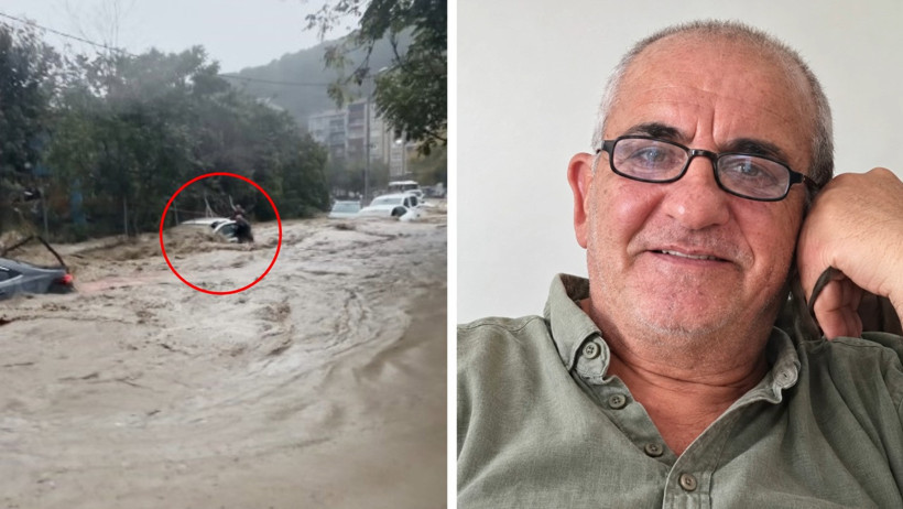 Sel suları içinde bir araca tutunmaya çalışan kişi ve Ahmet Derin’e ait fotoğraftan oluşan görsel.