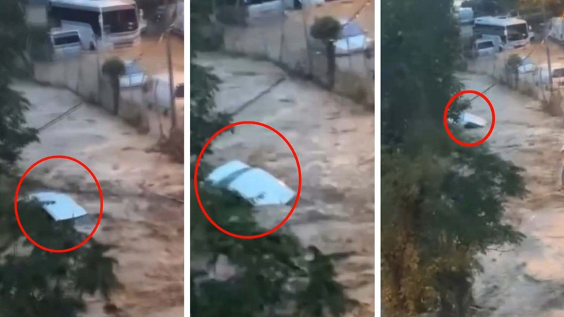 Sel sularında sürüklenen bir aracın farklı anlarını gösteren kolaj görüntü.