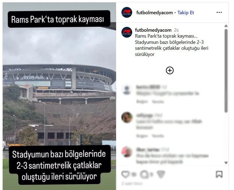 RAMS Park’ta toprak kayması ve çatlak oluştuğu iddialarını içeren sosyal medya paylaşımı ekran görüntüsü.