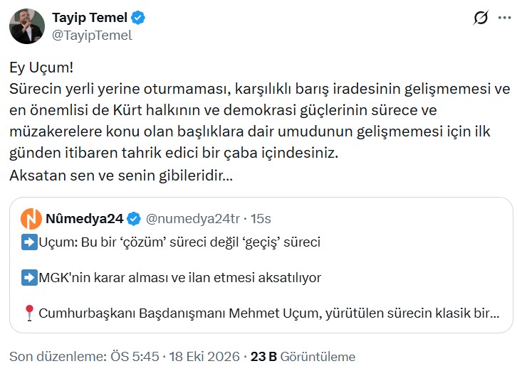 A screenshot of the social media post containing Tayip Temel's criticisms of Mehmet Uçum.