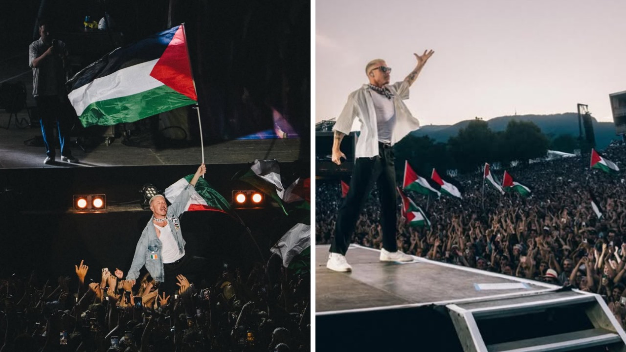 Macklemore'un sahnede Filistin bayraklarıyla görüldüğü iki kareden oluşan görsel.