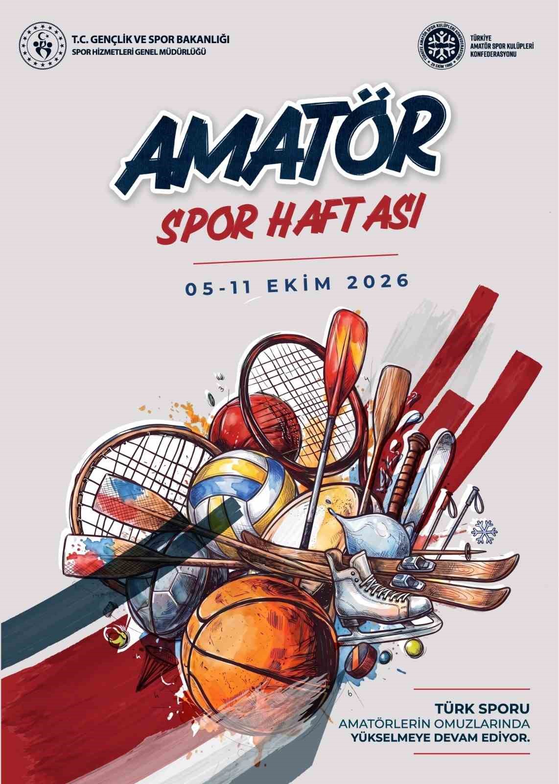 Amatör Spor Haftası için hazırlanan, farklı spor branşlarına ait ekipmanların yer aldığı afiş.