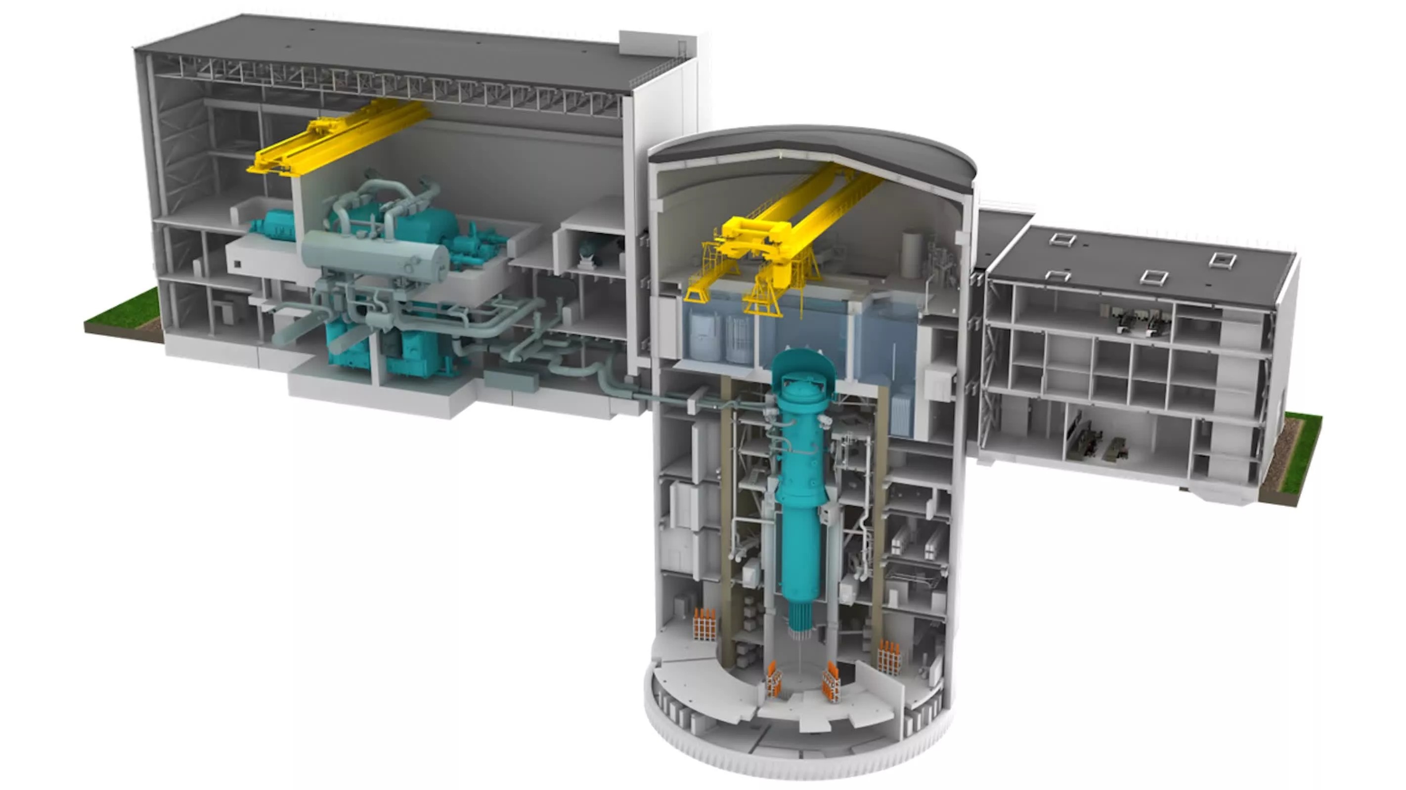 Modelo de sección transversal que muestra la turbina, la vasija del reactor y los sistemas auxiliares del diseño del reactor nuclear modular pequeño BWRX-300.