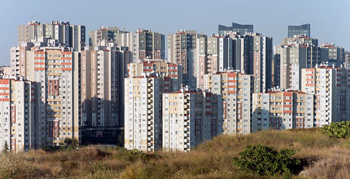 A city view consisting of multi-story residential blocks.