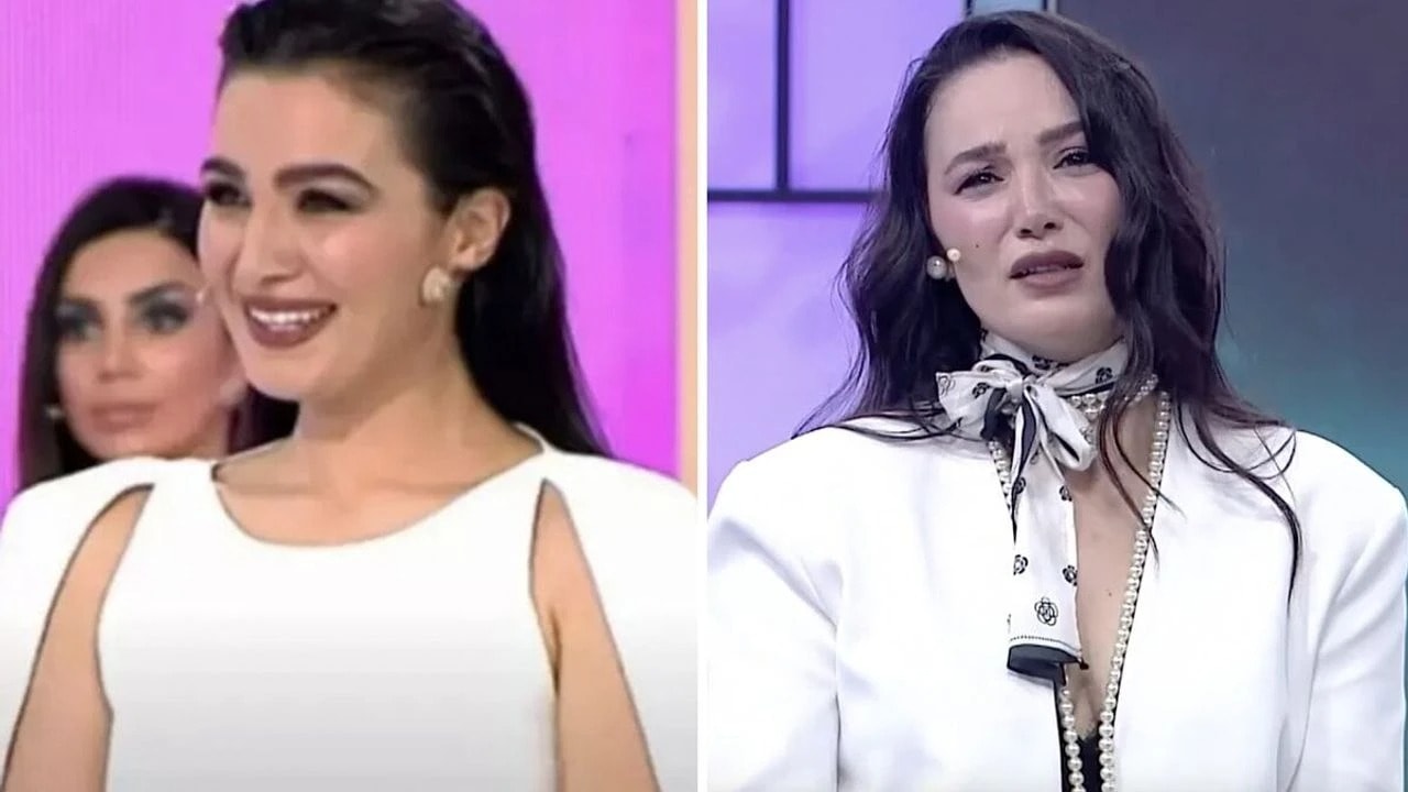 Emel Özkızıltaş’ın televizyon programlarından iki farklı görüntüsünün yan yana yer aldığı kolaj.