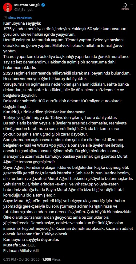 Screenshot of the statement published on Mustafa Sarıgül's social media account.