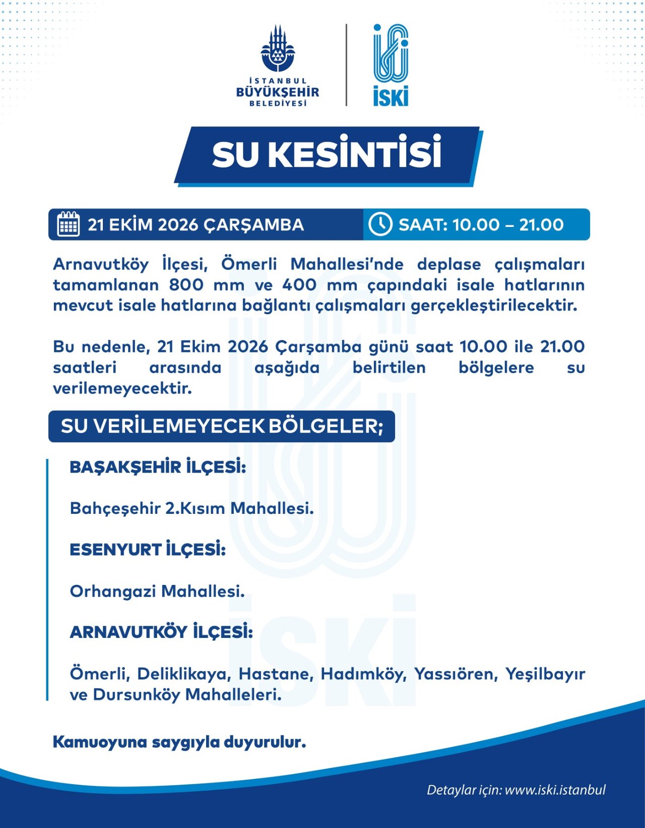 İSKİ’nin Başakşehir, Esenyurt ve Arnavutköy’de uygulanacak su kesintisine ilişkin bilgilendirme görseli.