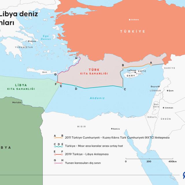 Türkiye ve Libya arasındaki deniz yetki alanlarını gösteren harita.