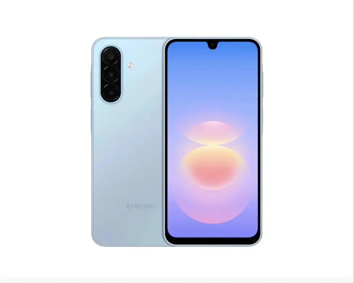 Produktbild, das die Vorder- und Rückseite des hellblauen Samsung Galaxy A18 4G zeigt.