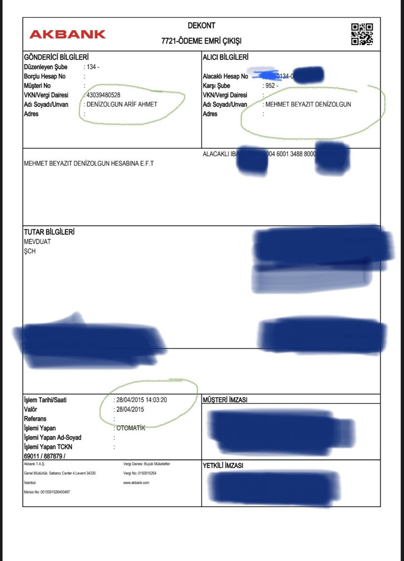 Akbank ödeme emri çıkışı başlıklı, bazı alanları kapatılmış dekont görseli.