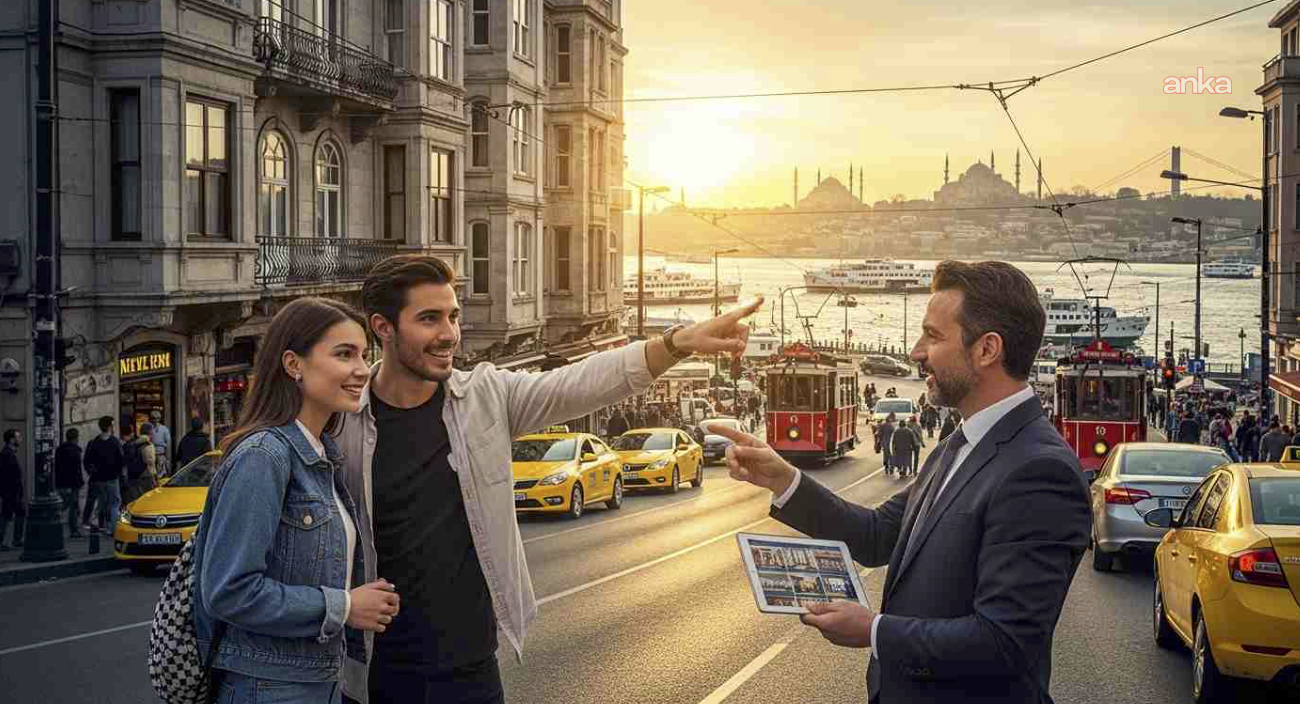 Şehir merkezinde konut arayan kişiler ve bir emlak danışmanı görülüyor.