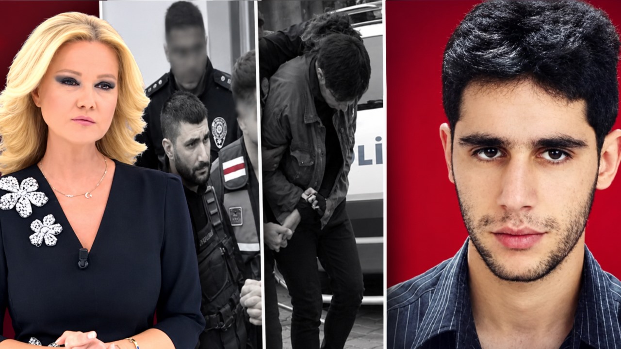 Nachrichtenbild bestehend aus Müge Anlı, Bildern von Festnahmen und einem Foto von Mehmet Çabuk.