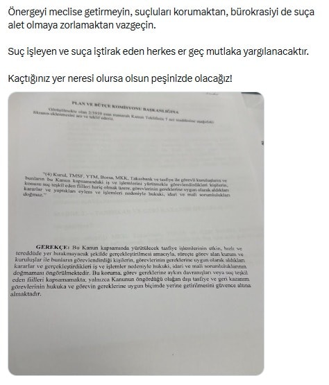 A photo of the continuation of Gökhan Günaydın's social media post and the document alleged to be the text of the motion.