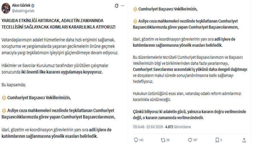 Screenshot of Akın Gürlek's social media post; the statement regarding the participation of chief prosecutors and deputy chief prosecutors in judicial matters is visible.