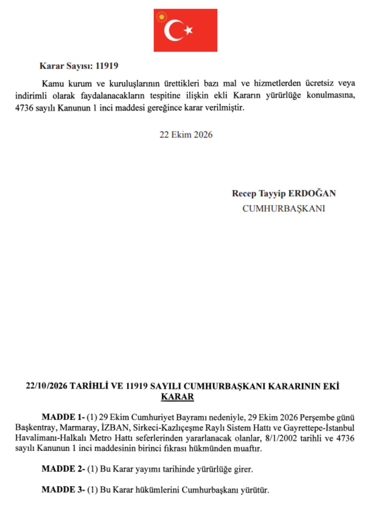29 Ekim 2026 tarihli ücretsiz ulaşım kararını gösteren Resmi Gazete sayfası.