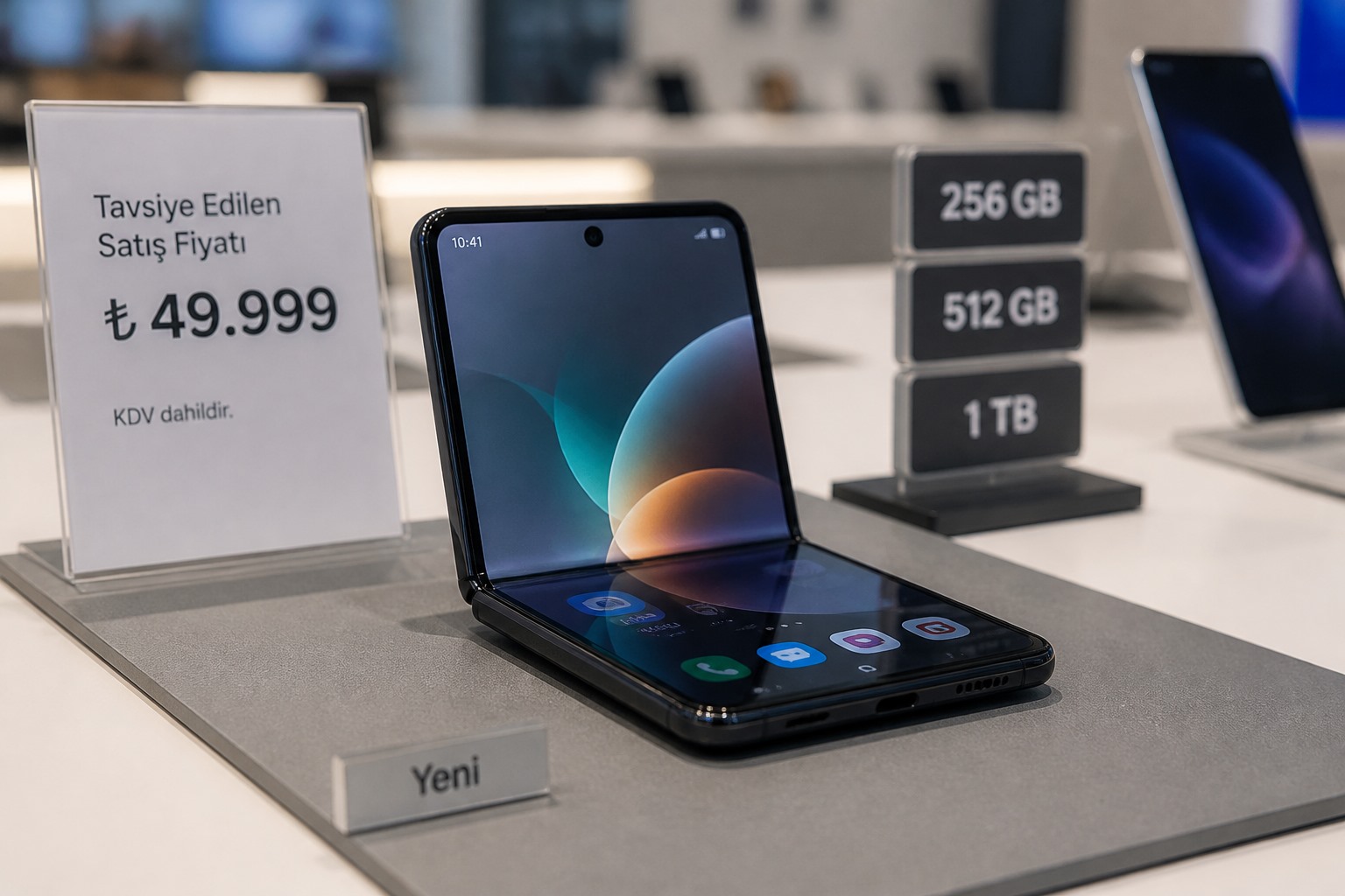 Katlanabilir akıllı telefon ve fiyat seçeneklerini temsil eden editoryal teknoloji görseli.