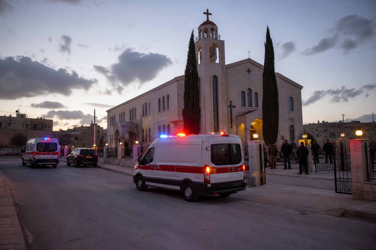 Ürdün’deki kilise saldırısını temsil eden, kilise çevresinde acil durum araçlarının yer aldığı temsili görsel.